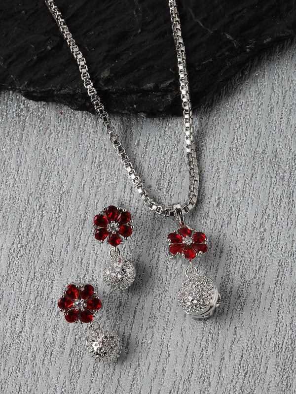 Rhodium-Plated Silver Toned Red Cubic Zirconia studded Floral Shaped Cute Pendant with Earrings