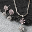 Rhodium-Plated Silver Toned Pink Cubic Zirconia studded Floral Shaped Cute Pendant with Earrings