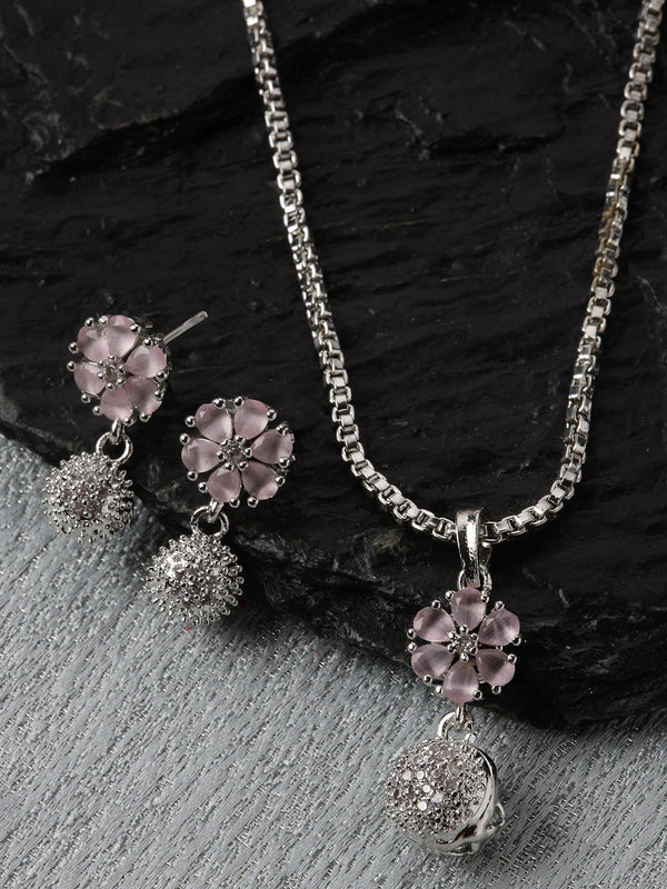 Rhodium-Plated Silver Toned Pink Cubic Zirconia studded Floral Shaped Cute Pendant with Earrings