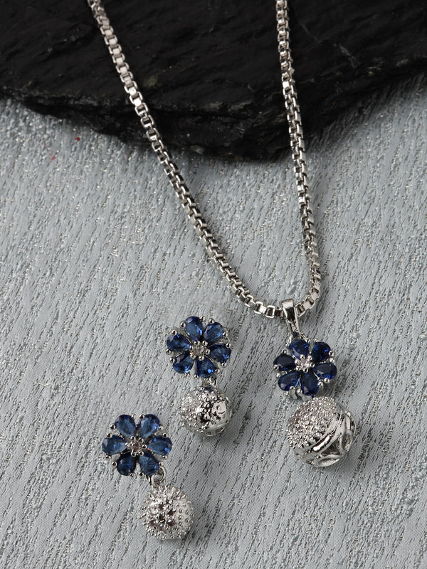 Rhodium-Plated Silver Toned Navy Blue Cubic Zirconia studded Floral Shaped Cute Pendant with Earrings