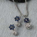 Rhodium-Plated Silver Toned Navy Blue Cubic Zirconia studded Floral Shaped Cute Pendant with Earrings
