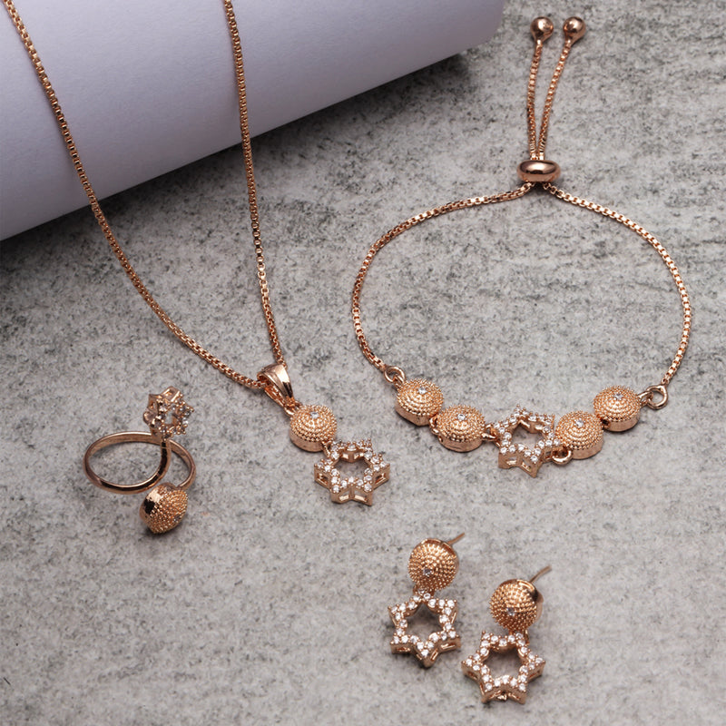 Rose Gold-Plated White American Diamond studded Star Shaped Jewellery Set