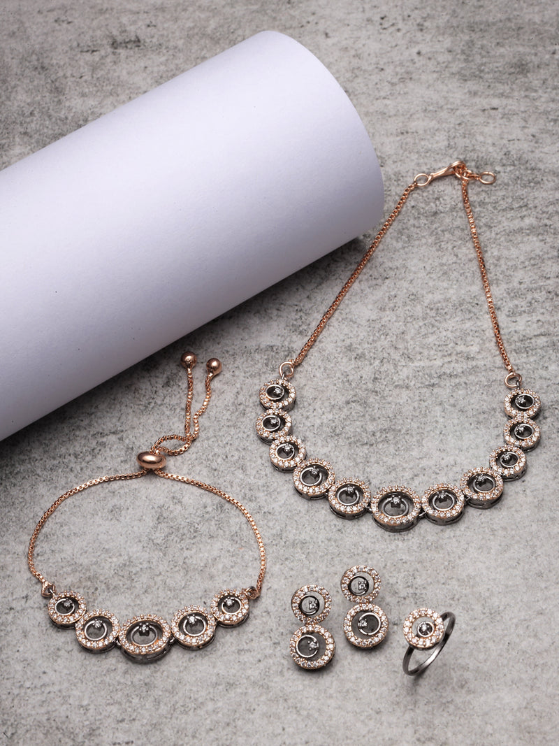 Rose Gold-Plated Gunmetal Toned White American Diamond studded Circular Shaped Jewellery Set