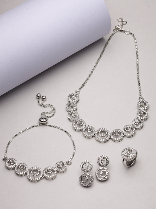 Rhodium-Plated Silver Toned White American Diamond studded Circular Shaped Jewellery Set