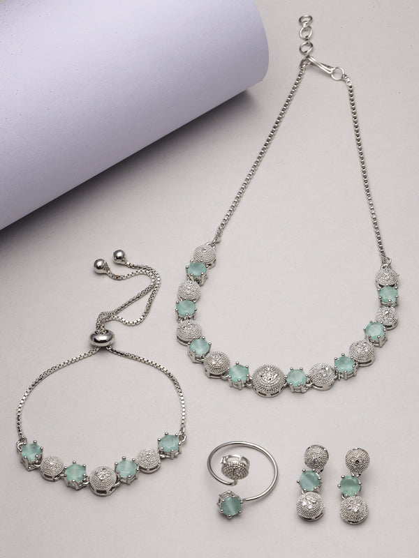 Rhodium-Plated Silver Toned Sea Green & White American Diamond studded Round Shaped Jewellery Set