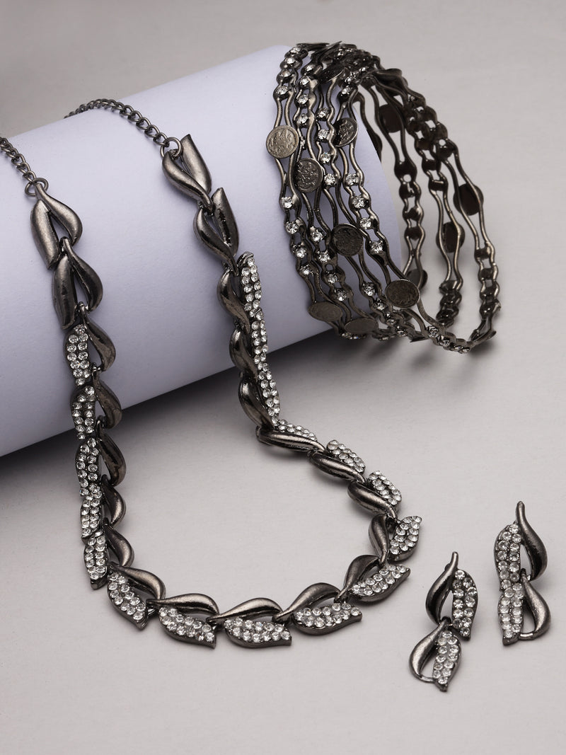 Silver-Plated Black Toned White American Diamond studded Leaf Shaped Jewellery Set