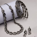 Oxidized Leaf White Cubic Zirconia Studded Combo - Necklace, Earrings, Bangles