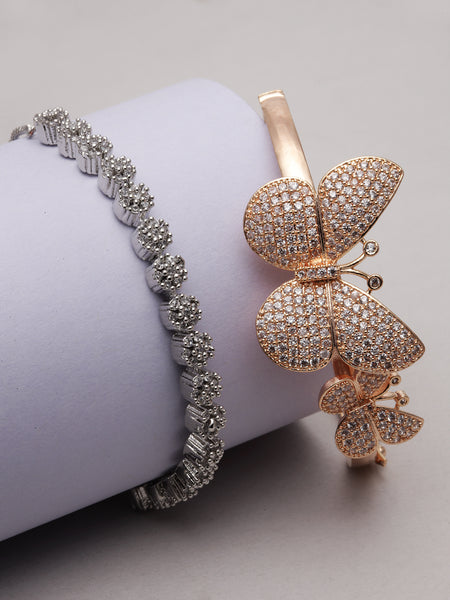 Rhodium-Plated Silver Toned White American Diamond studded Round & Butterfly Shaped Bracelet (Combo)