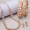Rose Gold Plated Leaf Pink & Sea Green Cubic Zirconia Studded Combo - Necklace, Earrings, Bangles