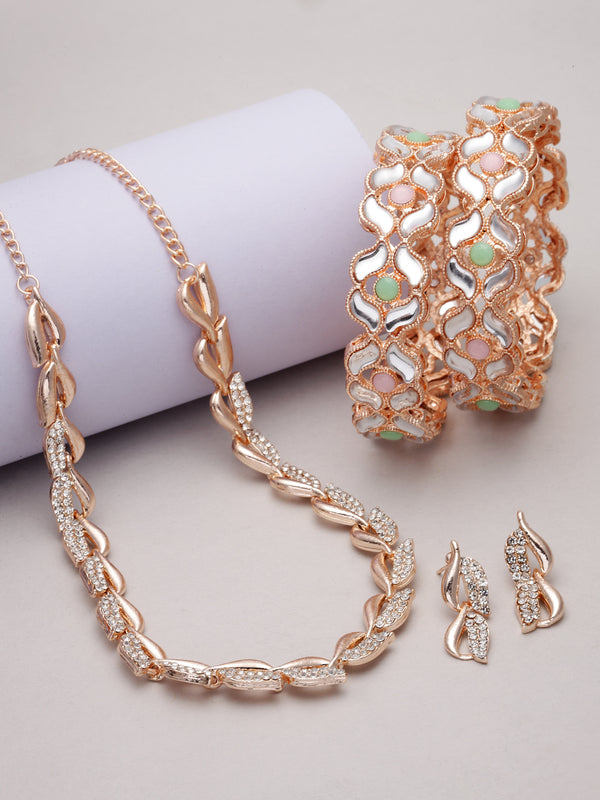 Rose Gold-Plated Multi-Colour American Diamond studded Leaf Shaped Jewellery Set