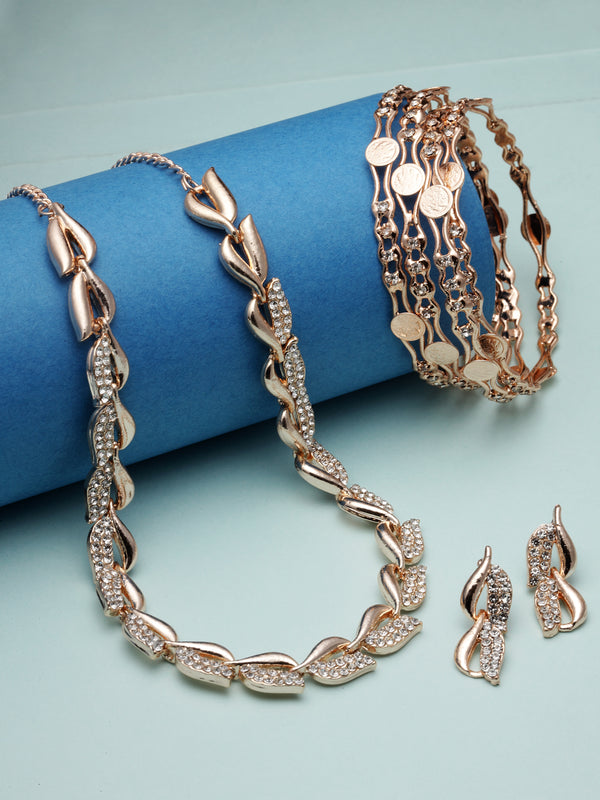 Rose Gold-Plated White American Diamond studded Leaf Shaped Jewellery Set