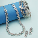 Rhodium Plated Silver Toned Leaf White Cubic Zirconia Studded Combo - Necklace, Earrings, Bangles