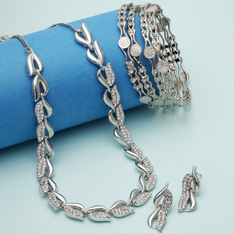 Rhodium Plated Silver Toned Leaf White Cubic Zirconia Studded Combo - Necklace, Earrings, Bangles