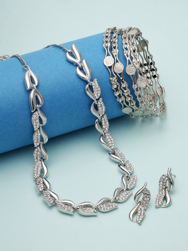 Oxidised Silver-Plated White American Diamond studded Leaf Shaped Jewellery Set