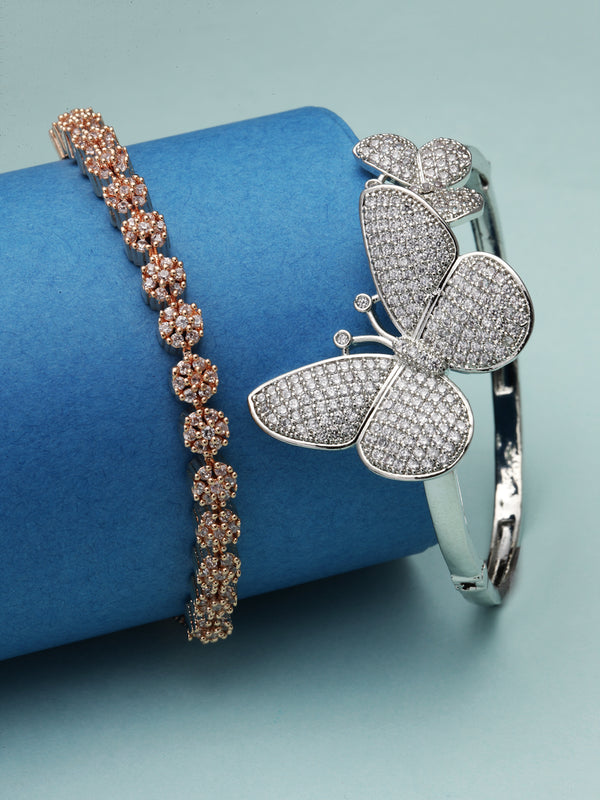 Rose Gold-Plated White American Diamond studded Round & Butterfly Shaped Bracelet (Combo)