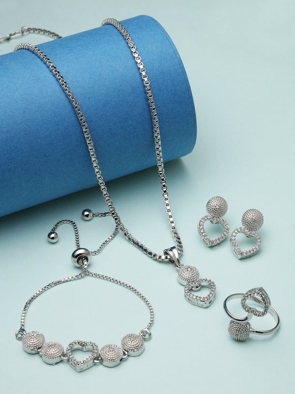 Rhodium-Plated Silver Toned White American Diamond studded Heart Shaped Jewellery Set