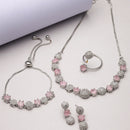 Rhodium-Plated Silver Toned Pink & White American Diamond studded Round Shaped Jewellery Set