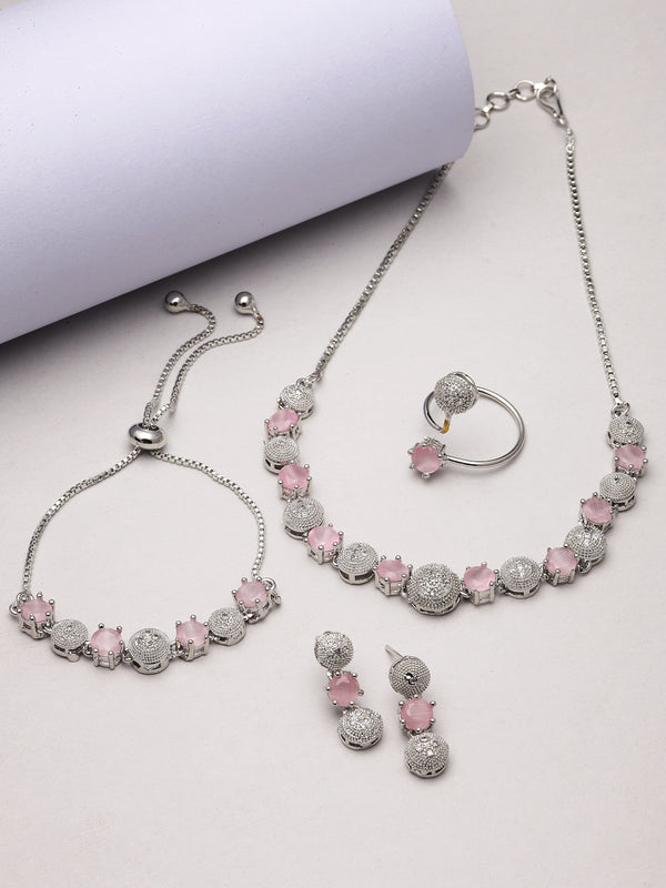 Rhodium-Plated Silver Toned Pink & White American Diamond studded Round Shaped Jewellery Set