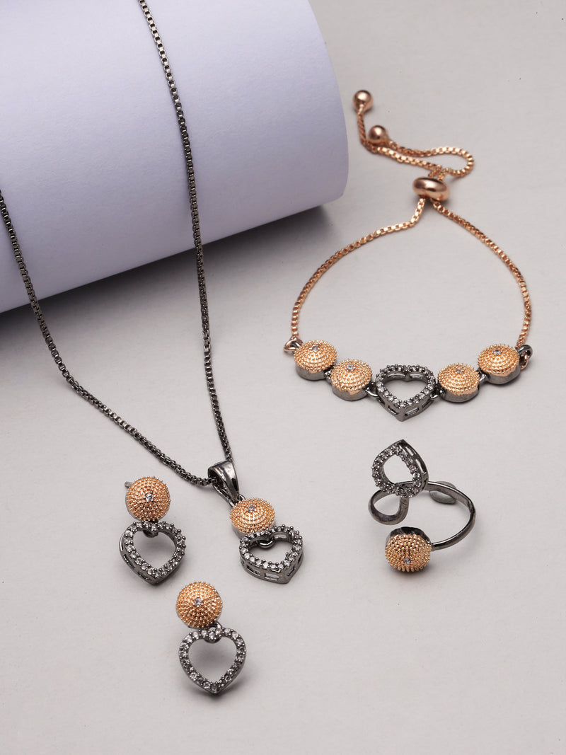 Rose Gold-Plated Gunmetal Toned White American Diamond studded Heart Shaped Jewellery Set