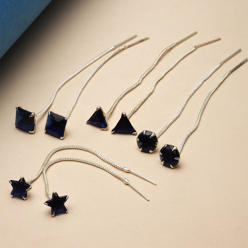 Rhodium-Plated Silver Toned Blue American Diamond studded Needle Drop Earrings (Combo Of 4)