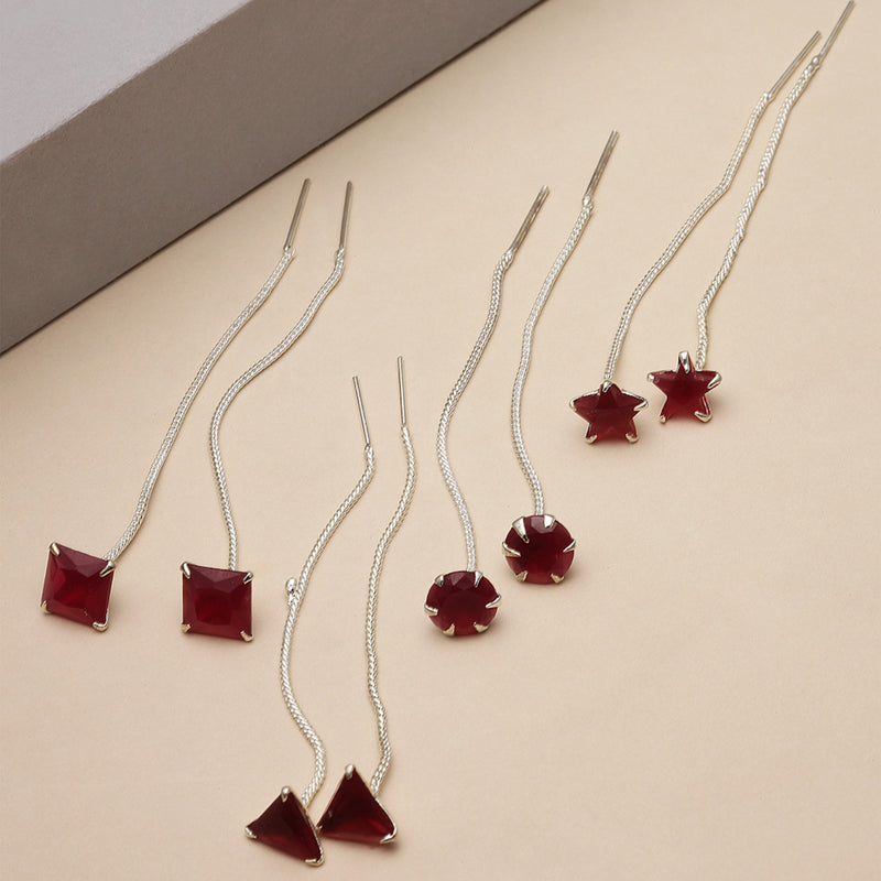 Rhodium-Plated Silver Toned Red American Diamond studded Needle Drop Earrings (Combo Of 4)