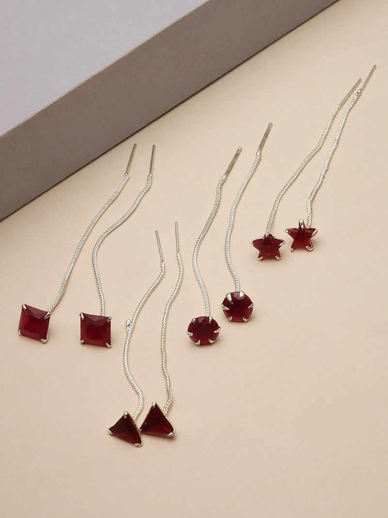 Rhodium-Plated Silver Toned Red American Diamond studded Needle Drop Earrings (Combo Of 4)