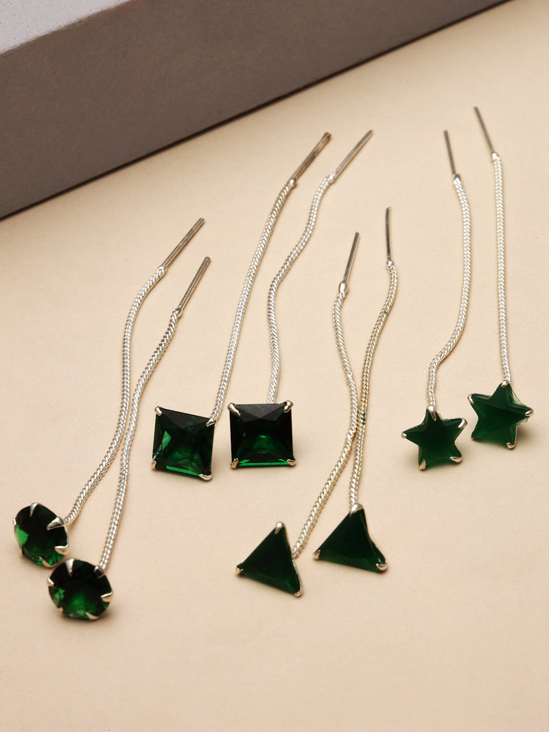 Rhodium-Plated Silver Toned Green American Diamond studded Needle Drop Earrings (Combo Of 4)