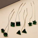 Rhodium-Plated Silver Toned Green American Diamond studded Needle Drop Earrings (Combo Of 4)