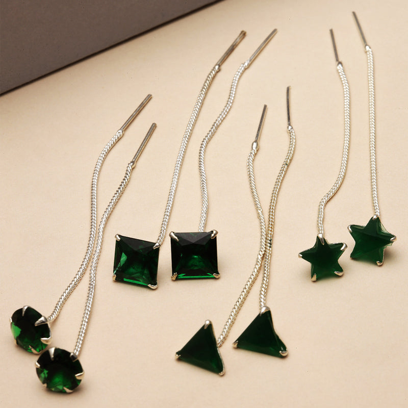 Rhodium-Plated Silver Toned Green American Diamond studded Needle Drop Earrings (Combo Of 4)