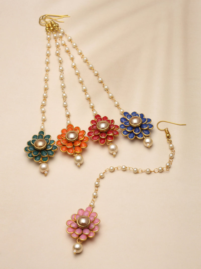 Gold-Plated Pink-Green-Orange-Red-Blue American Diamond with Pearls studded Flower Shaped MaangTikka (Combo Of 5)