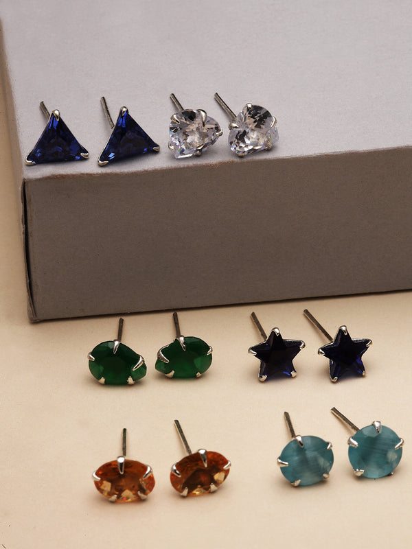 Rhodium-Plated Silver Toned Multi-Colour American Diamond studded Geometric Shape Stud Earrings (Combo Of 6)