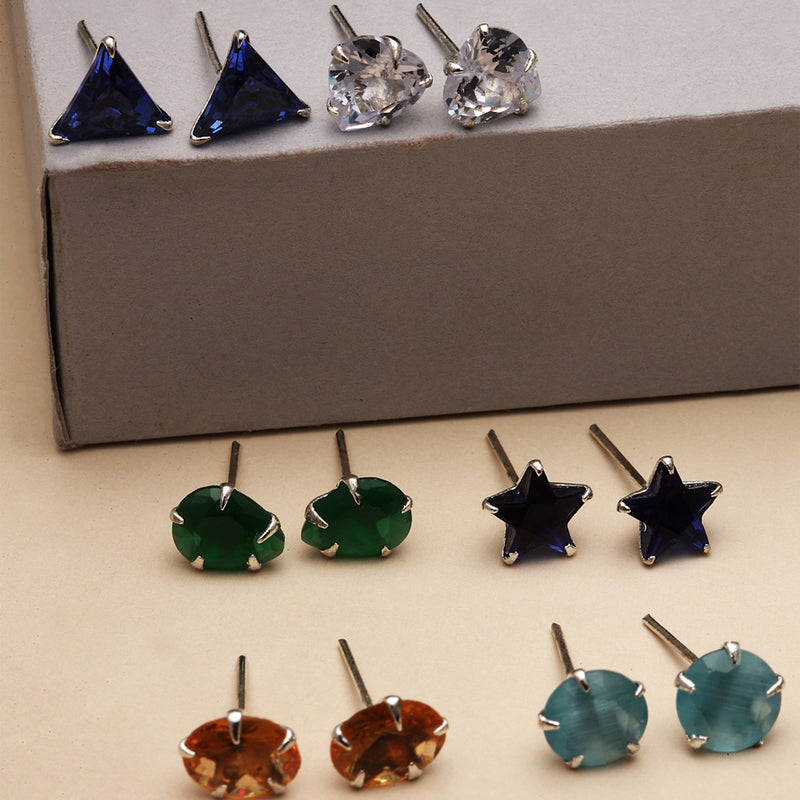 Rhodium-Plated Silver Toned Multi-Colour American Diamond studded Geometric Shape Stud Earrings (Combo Of 6)