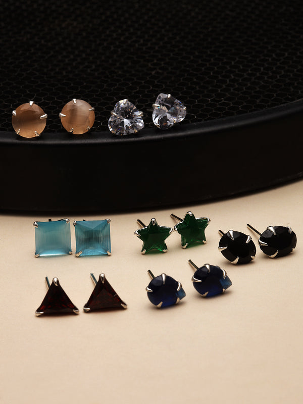 Rhodium-Plated Silver Toned Multi-Colour American Diamond studded Geometric Shape Stud Earrings (Combo Of 7)