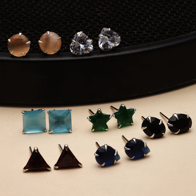 Rhodium-Plated Silver Toned Multi-Colour American Diamond studded Geometric Shape Stud Earrings (Combo Of 7)