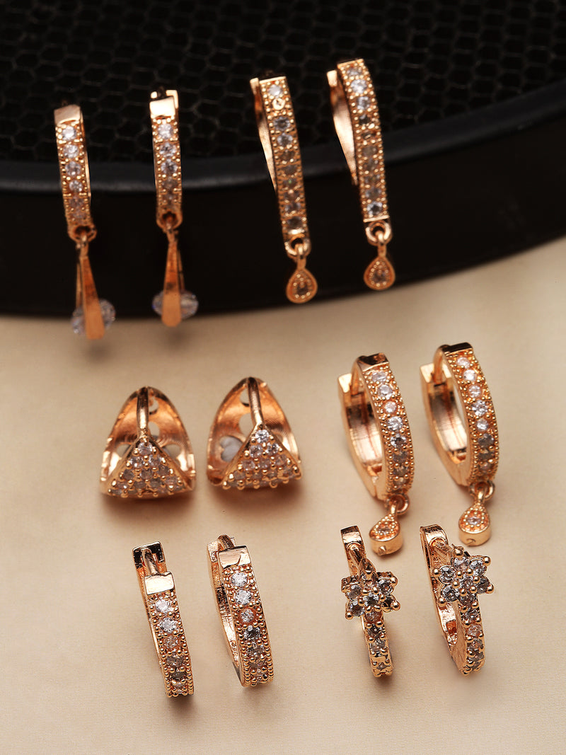 Rose Gold-Plated White American Diamond studded Teardrop Shaped Hoop Earrings (Combo Of 6)