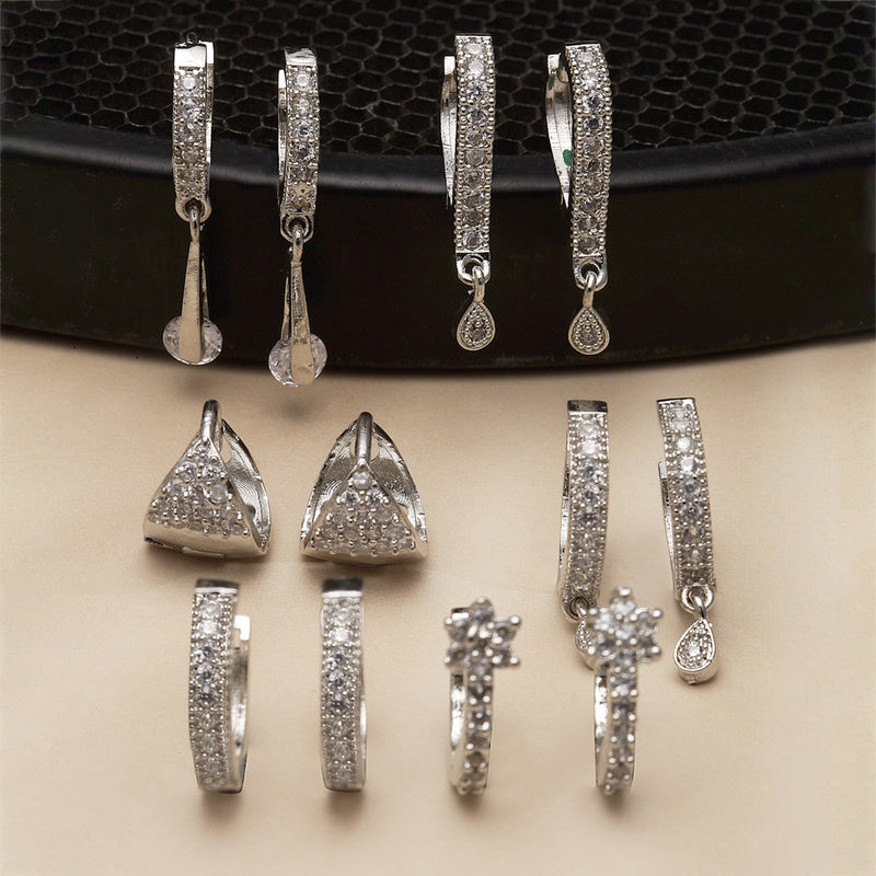 Rhodium-Plated Silver Toned White American Diamond studded Teardrop Shaped Hoop Earrings (Combo Of 6)