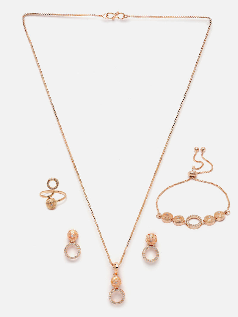 Rose Gold-Plated White American Diamond studded Geometric Shaped Jewellery Set