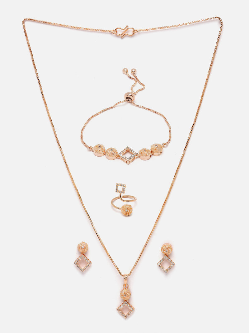 Rose Gold-Plated White American Diamond studded Square Shaped Jewellery Set