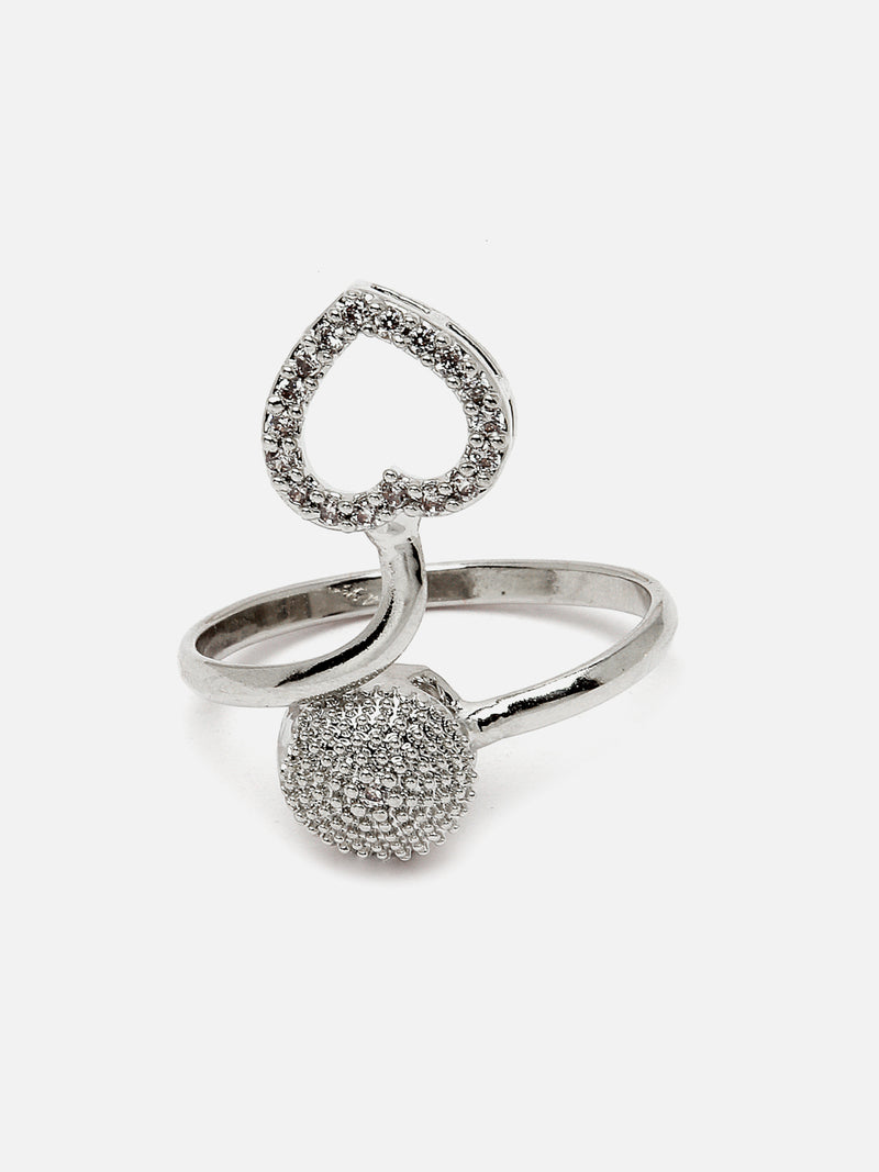 Rhodium-Plated Silver Toned White American Diamond studded Heart Shaped Jewellery Set