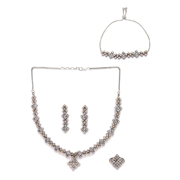 Rose Gold-Plated Gunmetal Toned American Diamond studded Rectangle Shaped Jewellery Set