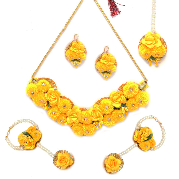Gold-Plated Yellow Gota Patti Floral White Pearls Beaded Haldi & Mehendi Jewellery Set with Maang Tikka & Haathphool Ring