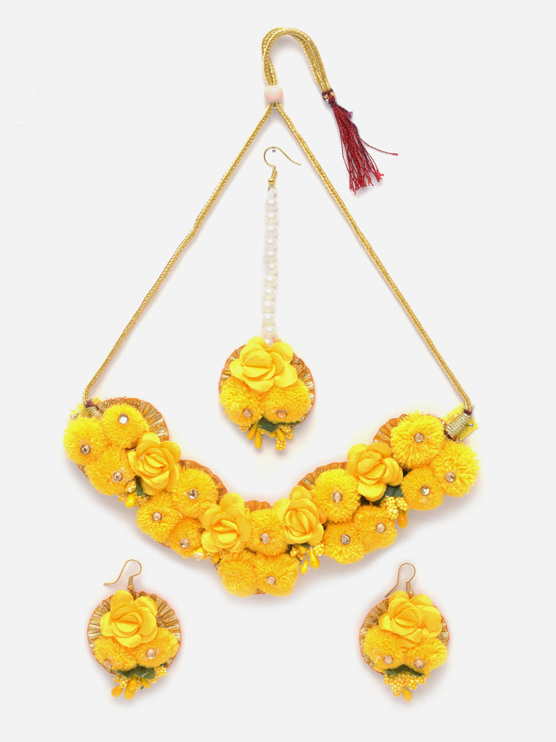 Gold-Plated Yellow Gota Patti Floral White Pearls Beaded Haldi & Mehendi Jewellery Set with Maang Tikka & Haathphool Ring