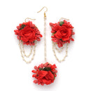 Gold-Plated Pearl Red Gota Patti Flower Maang Tikka Set
