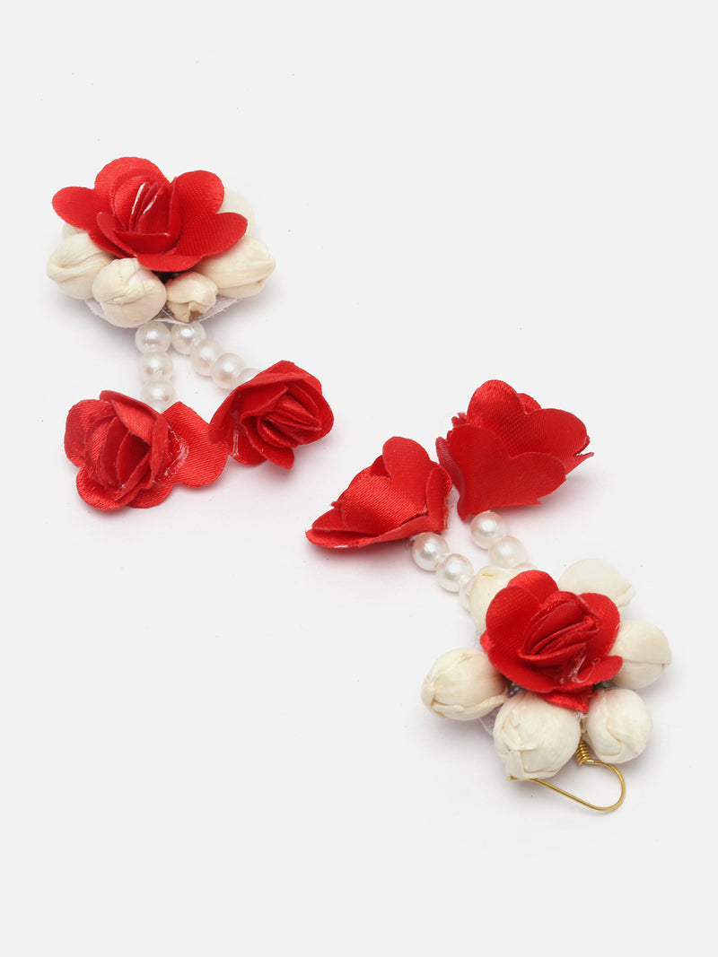 Gold-Plated White Pearl & Red-White Gota Patti Flower Haldi Mehandi MaangTikka with Earrings