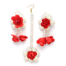 Gold-Plated Pearl Red & White Gota Patti Flower Maang Tikka Set