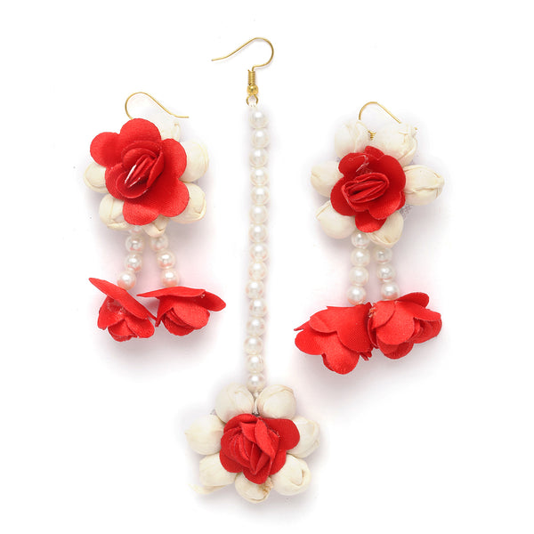 Gold-Plated Pearl Red & White Gota Patti Flower Maang Tikka Set