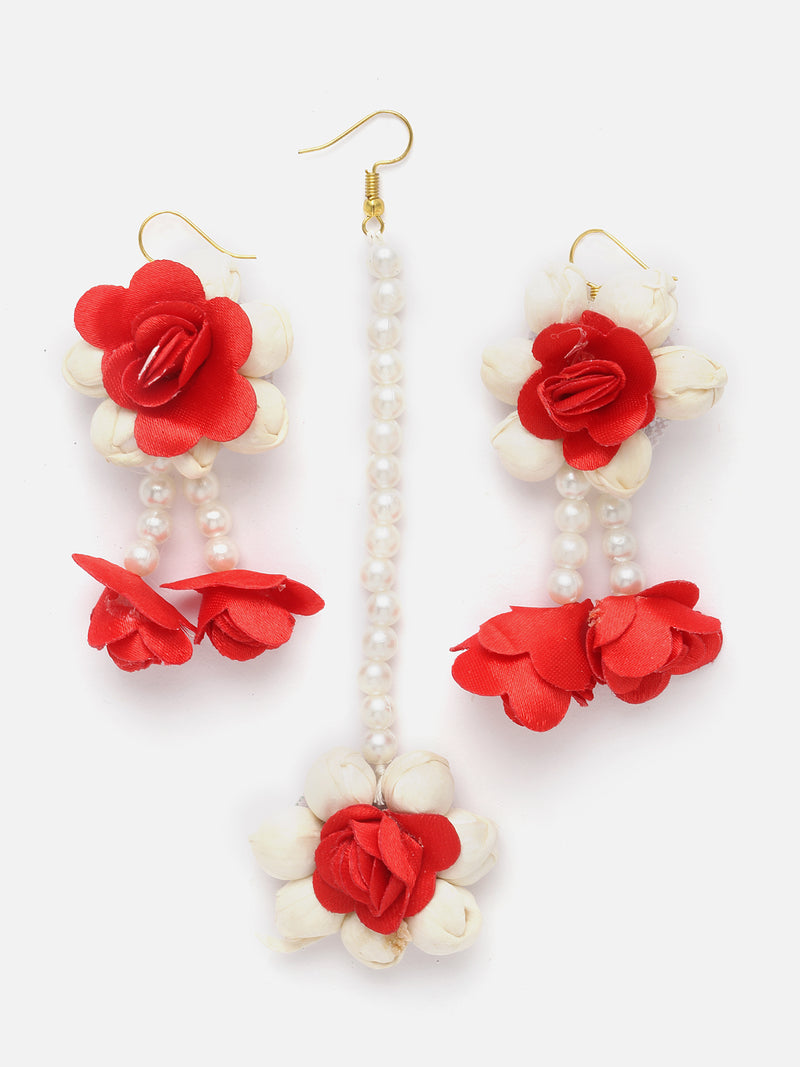 Gold-Plated White Pearl & Red-White Gota Patti Flower Haldi Mehandi MaangTikka with Earrings