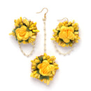 Gold-Plated Pearl Green & Yellow Gota Patti Flower Maang Tikka Set