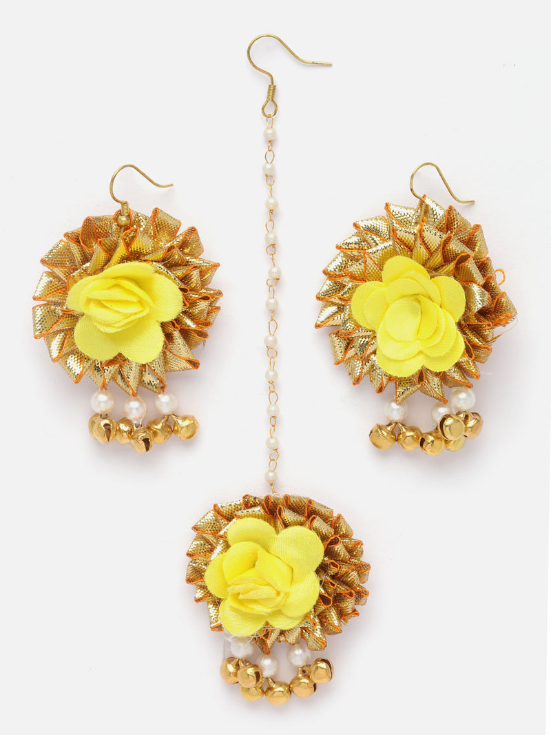 Gold-Plated White Pearl & Yellow-Golden Gota Patti Flower Haldi Mehandi MaangTikka with Earrings