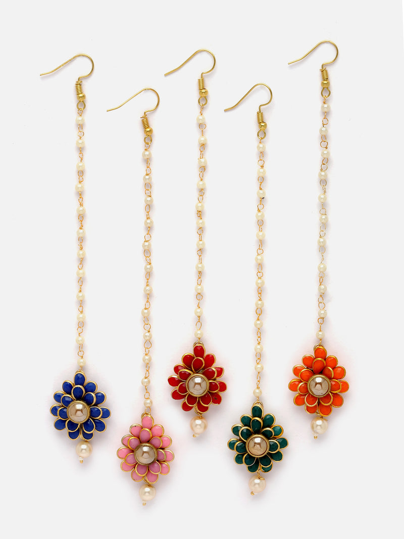 Gold-Plated Pink-Green-Orange-Red-Blue American Diamond with Pearls studded Flower Shaped MaangTikka (Combo Of 5)